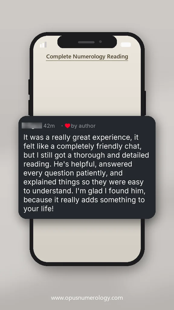 Client review of an Opus numerology reading (message screenshot) – 10 / 38