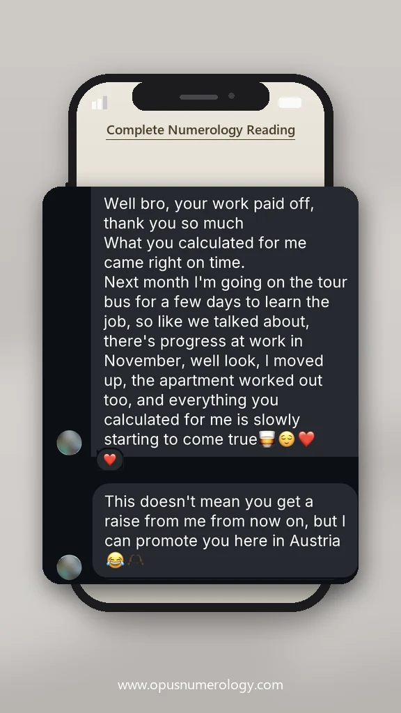 Client review of an Opus numerology reading (message screenshot) – 13 / 38
