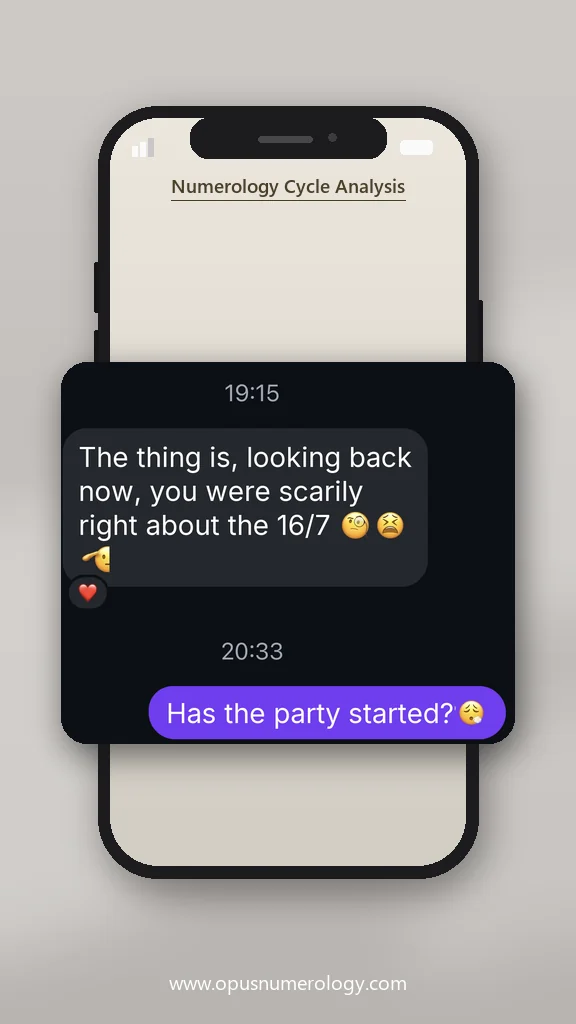 Client review of an Opus numerology reading (message screenshot) – 19 / 38