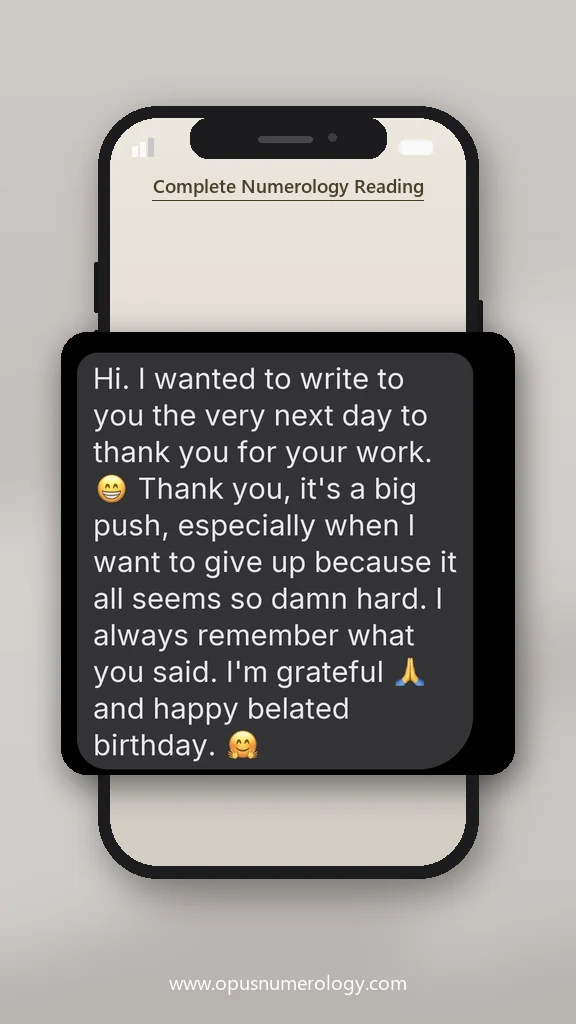 Client review of an Opus numerology reading (message screenshot) – 23 / 38