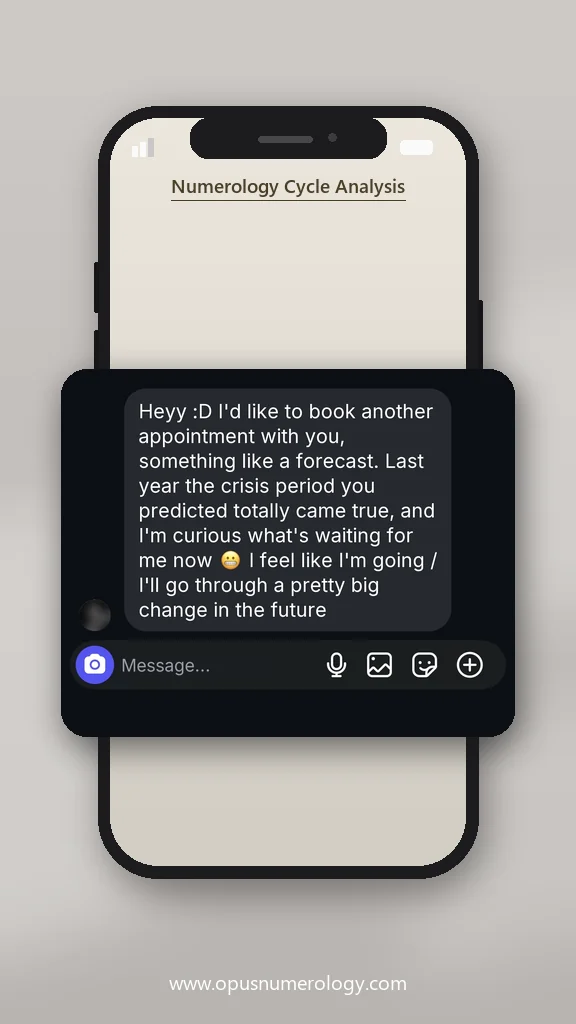 Client review of an Opus numerology reading (message screenshot) – 28 / 38