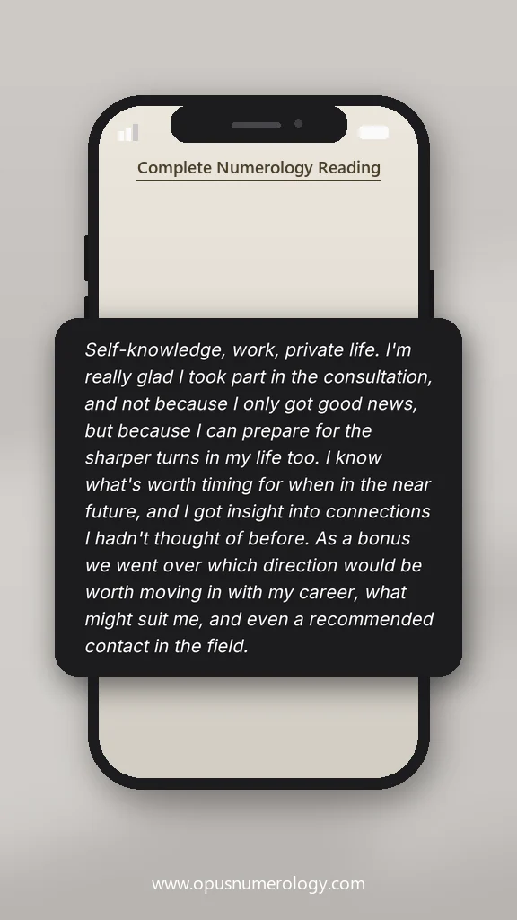 Client review of an Opus numerology reading (message screenshot) – 30 / 38