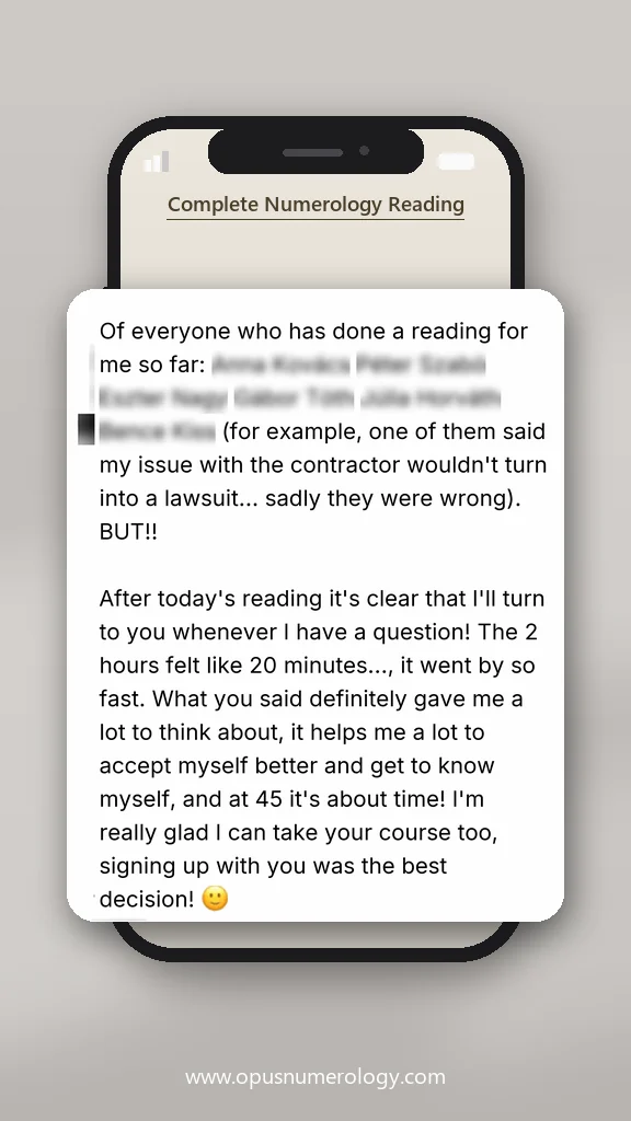 Client review of an Opus numerology reading (message screenshot) – 32 / 38