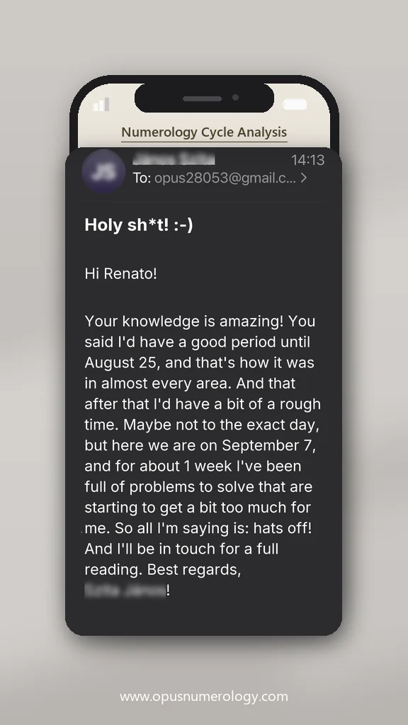 Client review of an Opus numerology reading (message screenshot) – 5 / 38